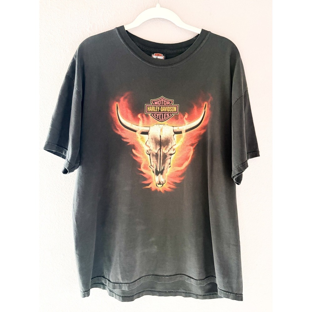 Vintage Harley Davidson Flaming Bull Skull Shirt Cali Biker Grunge Americana XL